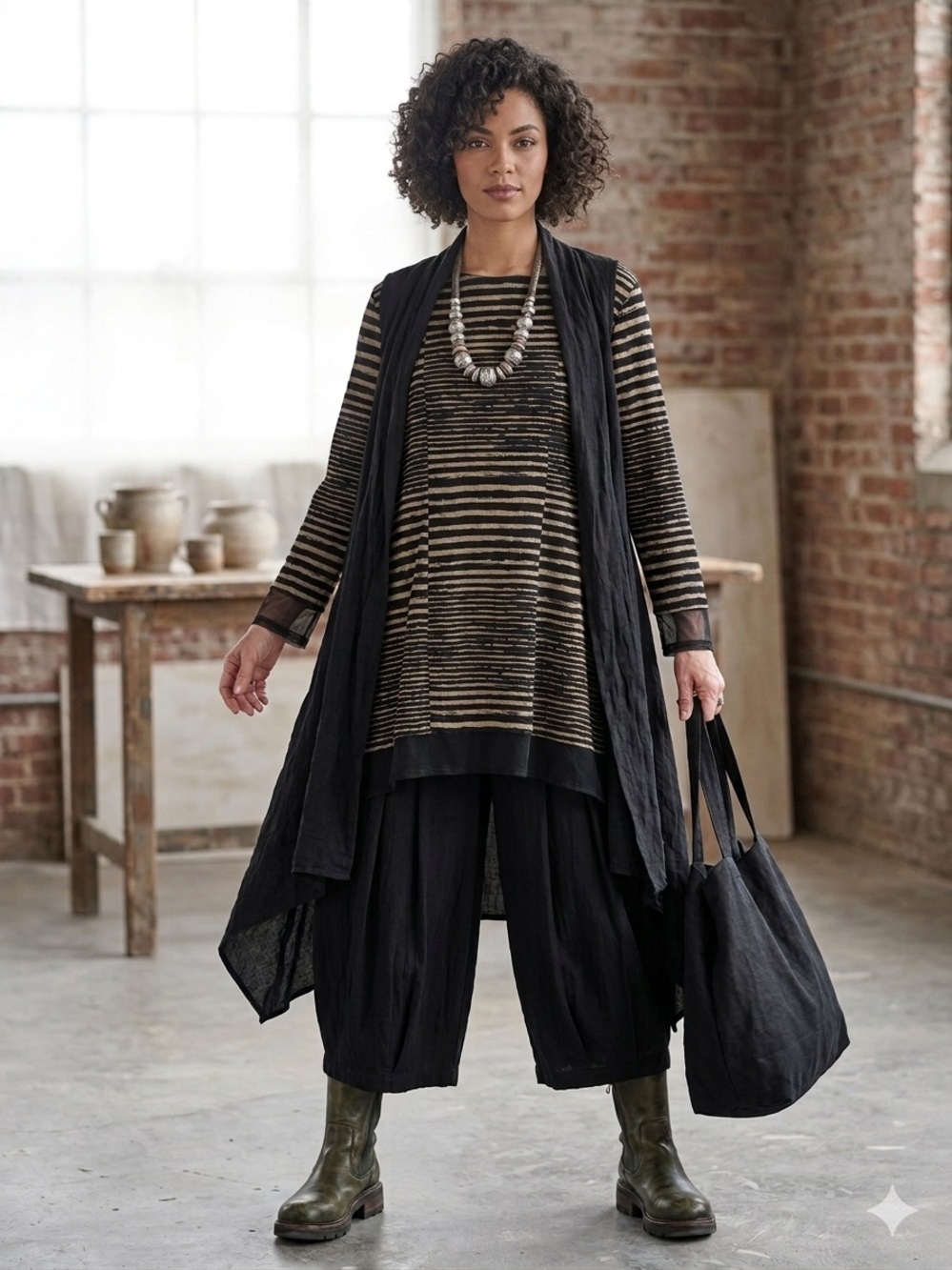 IC by Connie K Tunic Top Large Black Beige Stripe Mesh Hem Lagenlook USA